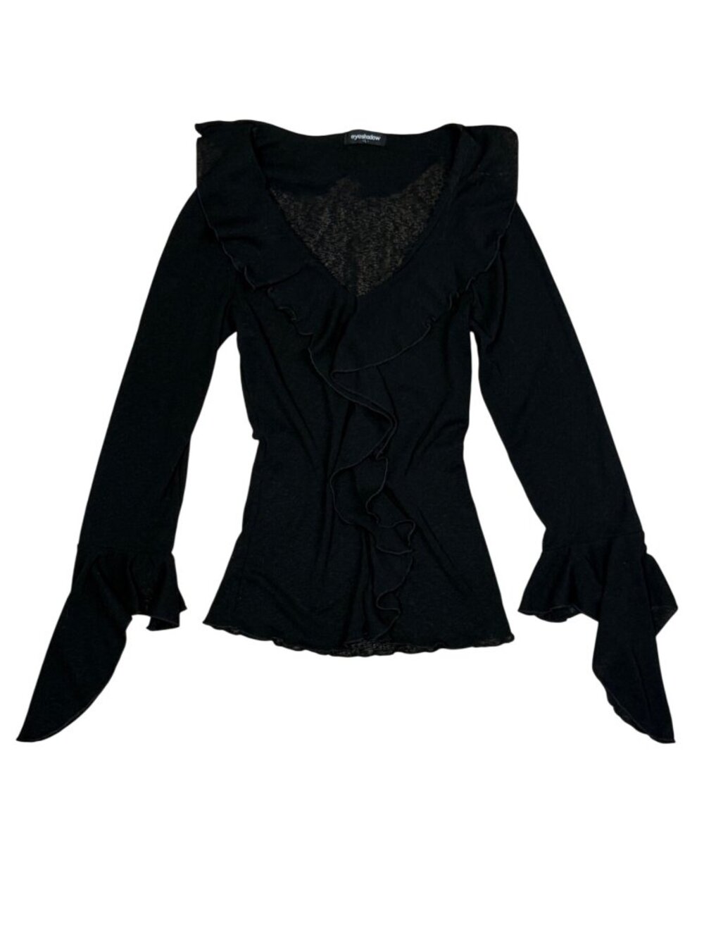 Y2K Dark Fairy Black Ruffled Micro Mesh Long Sleeve Top Women’s Size L Goth Grun
